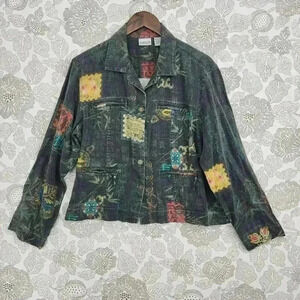 Chicos Womens Japaness Printed Linen Blend Jacket Size 2/ L Button & Zip Details